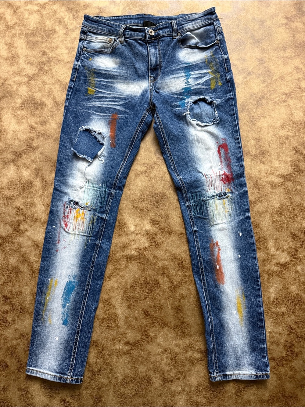 Crysp Denim Men’s 34x34 Distressed Paint Splatter Patchwork Skinny Jeans